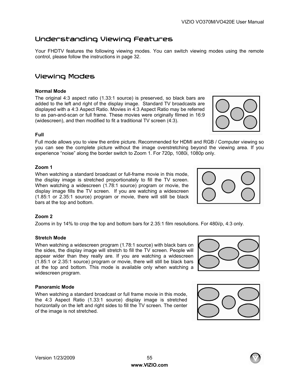 Understanding viewing features, Viewing modes | Vizio VO420E User Manual | Page 55 / 67