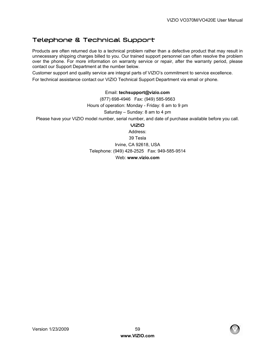 Telephone & technical support | Vizio VO420E User Manual | Page 59 / 67