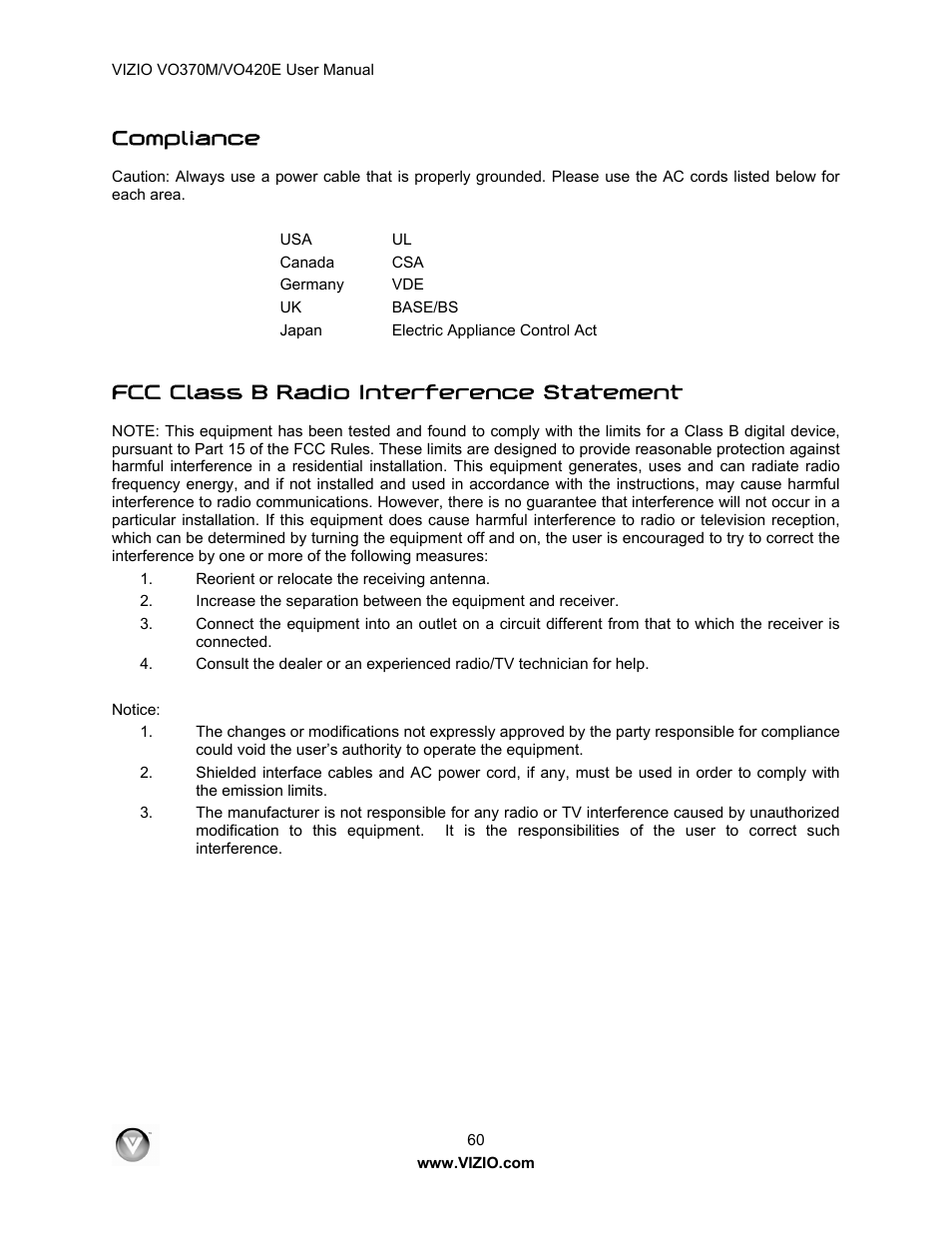 Compliance, Fcc class b radio interference statement | Vizio VO420E User Manual | Page 60 / 67