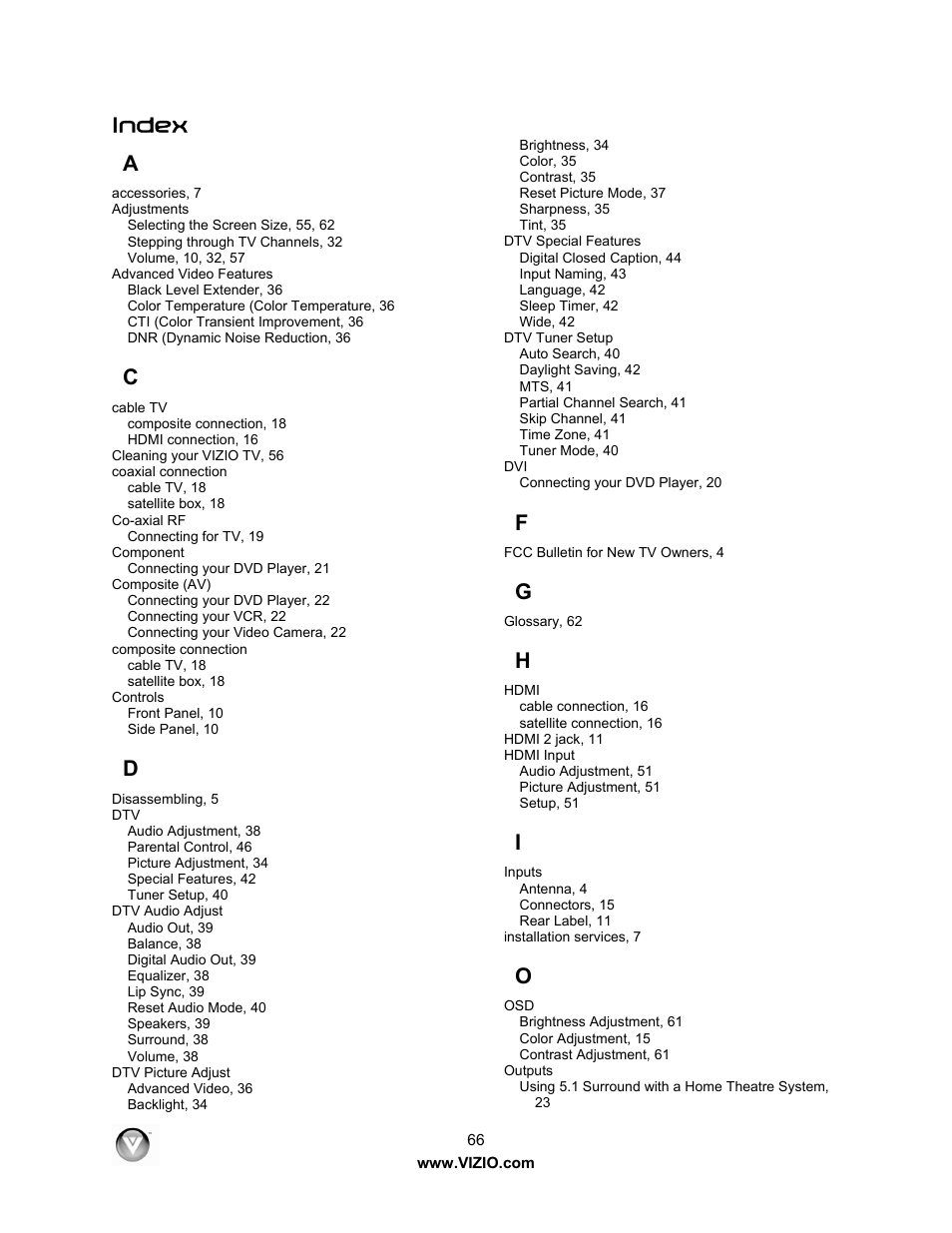 Index a | Vizio VO420E User Manual | Page 66 / 67