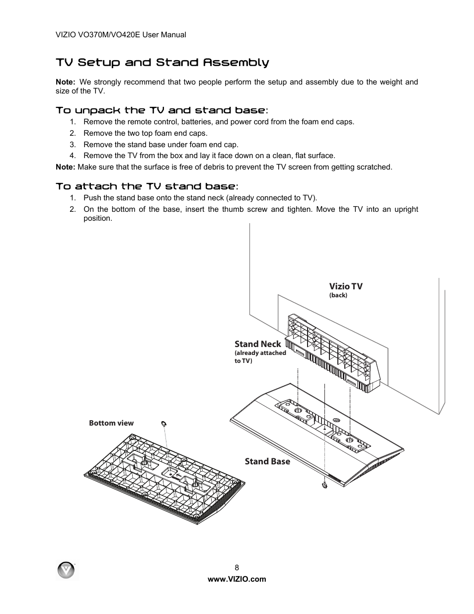 Tv setup and stand assembly | Vizio VO420E User Manual | Page 8 / 67