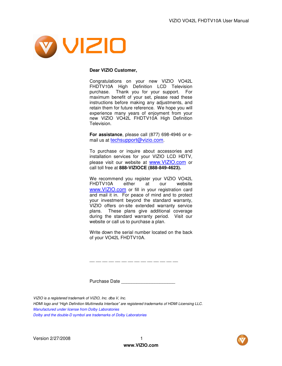 Vizio VO42LF User Manual | 77 pages