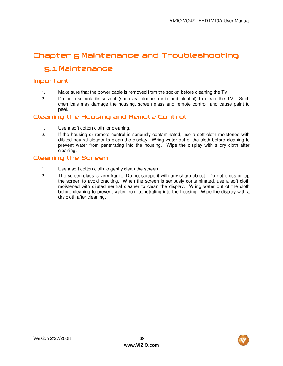 Chapter 5 | Vizio VO42LF User Manual | Page 69 / 77
