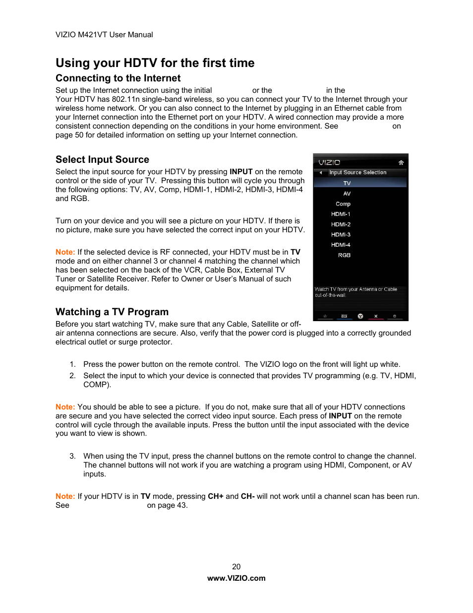 Using your hdtv for the first time, Connecting to the internet, Select input source | Watching a tv program | Vizio M421VT User Manual | Page 20 / 65
