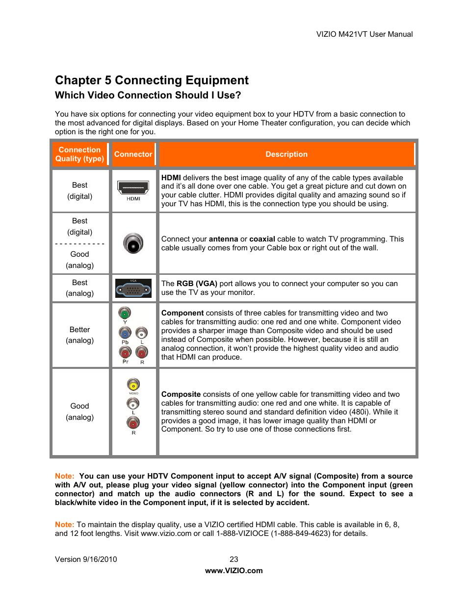 Chapter 5 connecting equipment, Which video connection should i use | Vizio M421VT User Manual | Page 23 / 65