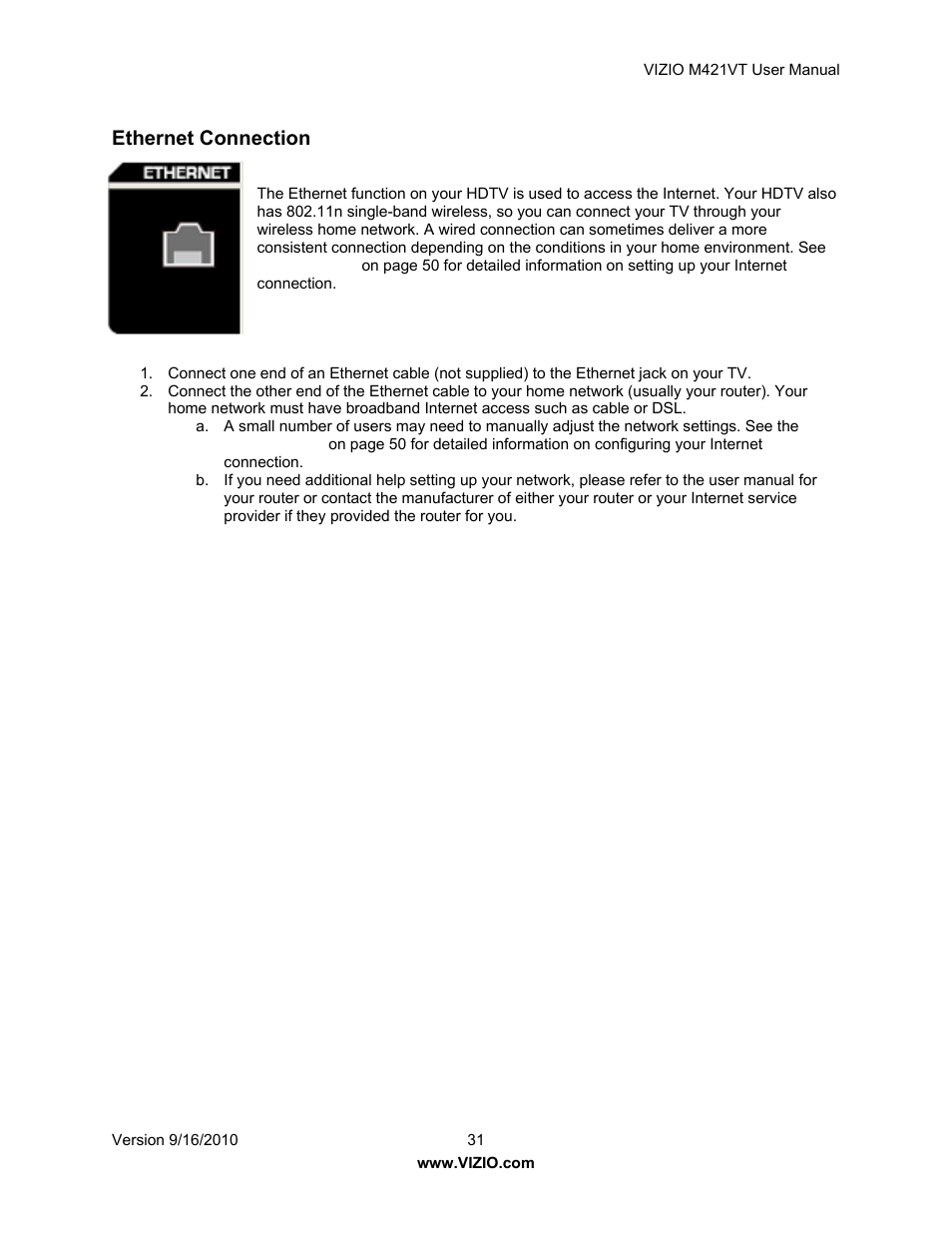 Ethernet connection | Vizio M421VT User Manual | Page 31 / 65