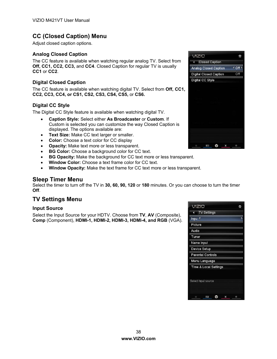 Cc (closed caption) menu, Sleep timer menu, Tv settings menu | Vizio M421VT User Manual | Page 38 / 65