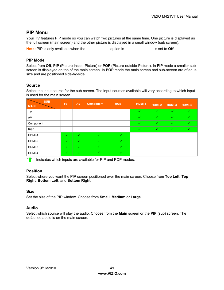 Pip menu, Pip mode, Source | Position, Size, Audio | Vizio M421VT User Manual | Page 49 / 65