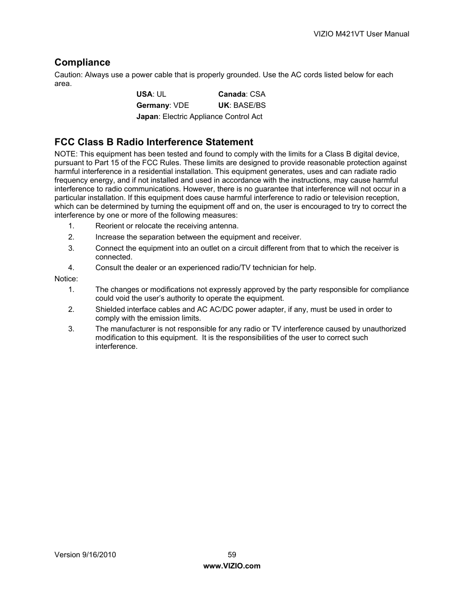 Compliance, Fcc class b radio interference statement | Vizio M421VT User Manual | Page 59 / 65