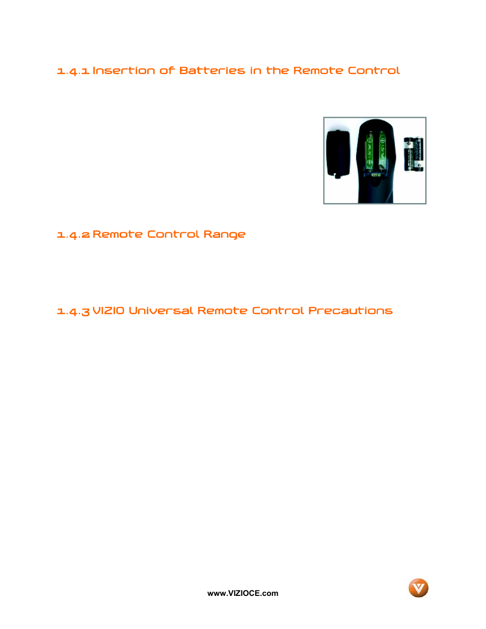 1 insertion of batteries in the remote control, 2 remote control range, 3 vizio universal remote control precautions | Vizio VP50HDTV User Manual | Page 13 / 73