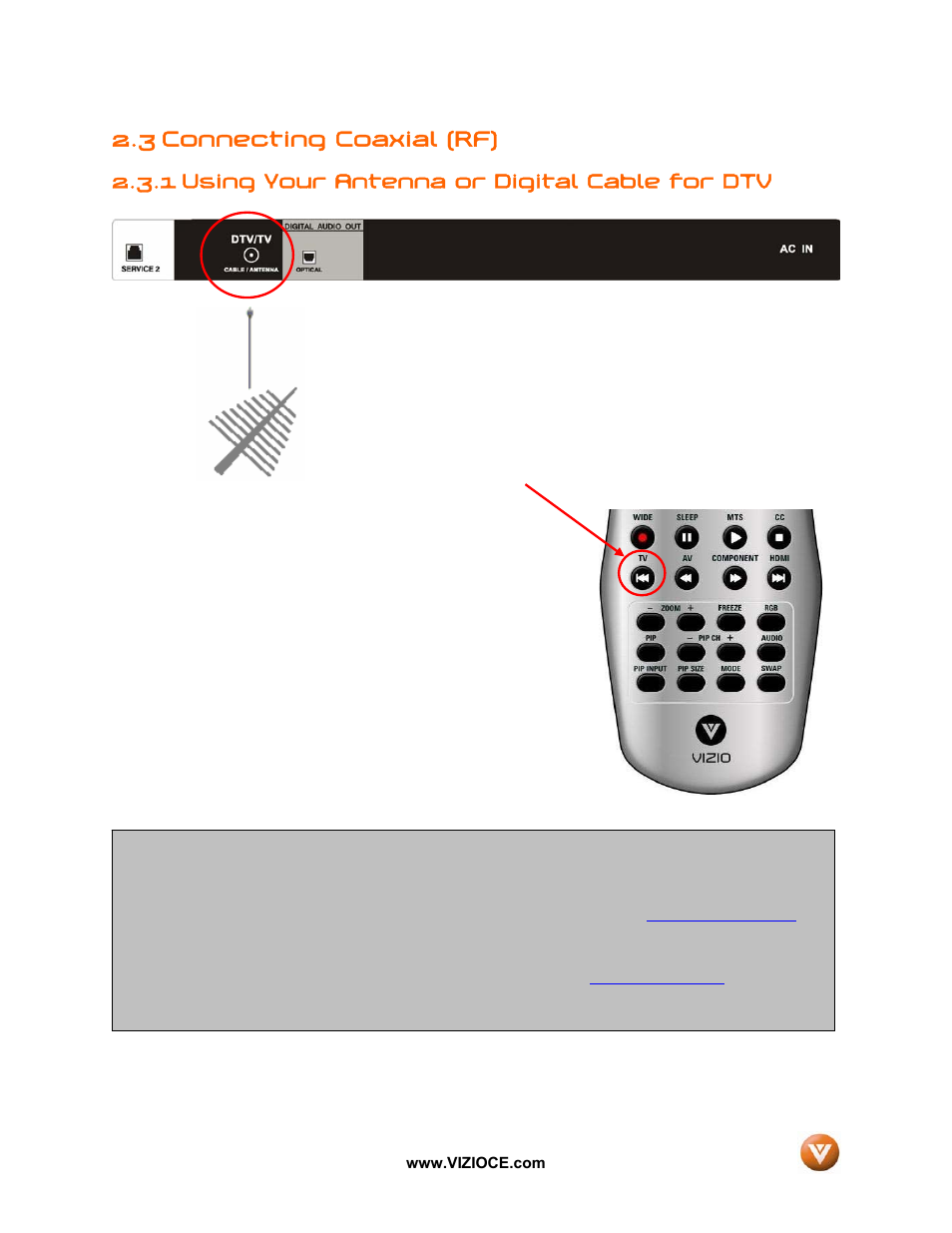 3 connecting coaxial (rf), 1 using your antenna or digital cable for dtv | Vizio VP50HDTV User Manual | Page 18 / 73