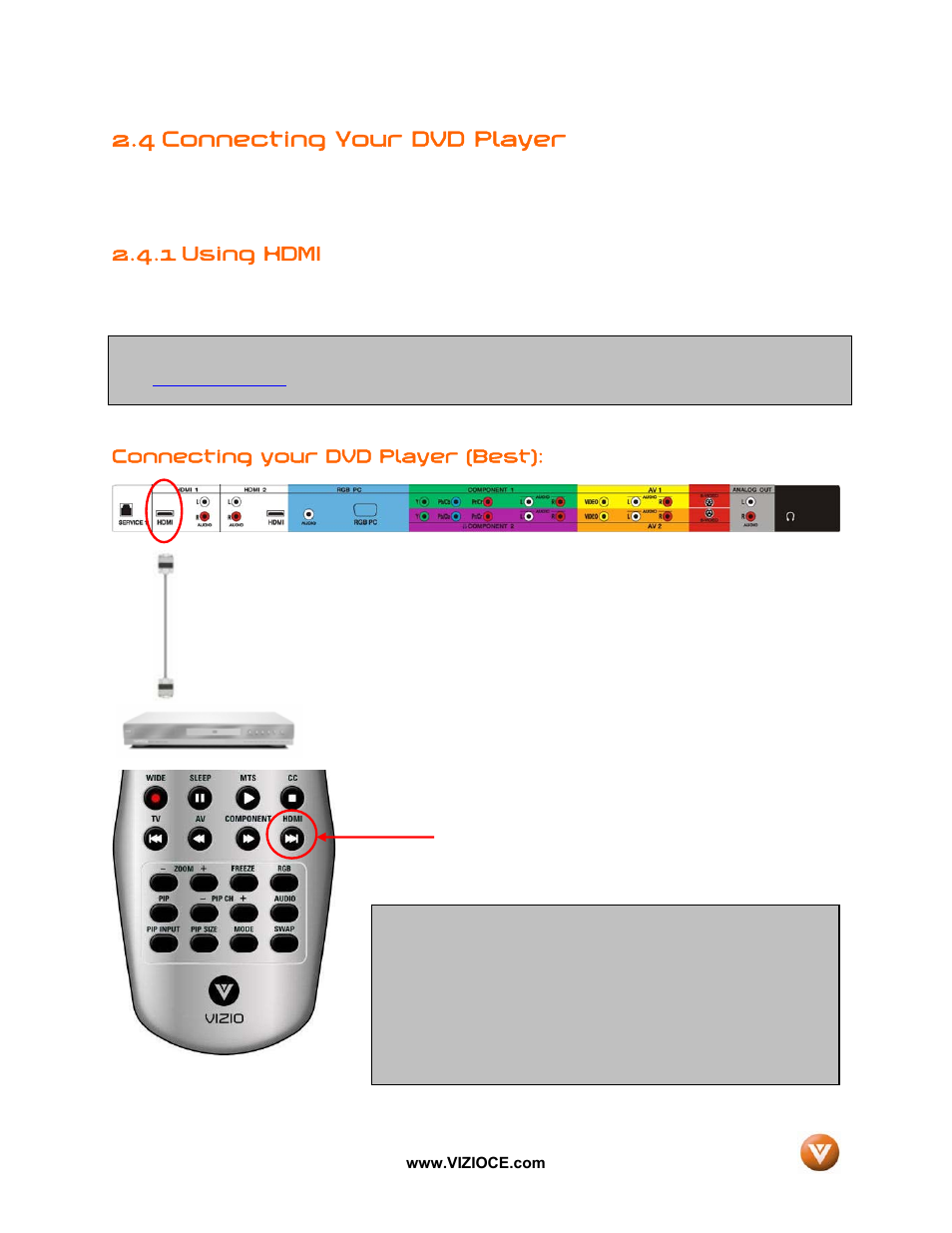 4 connecting your dvd player, 1 using hdmi | Vizio VP50HDTV User Manual | Page 20 / 73