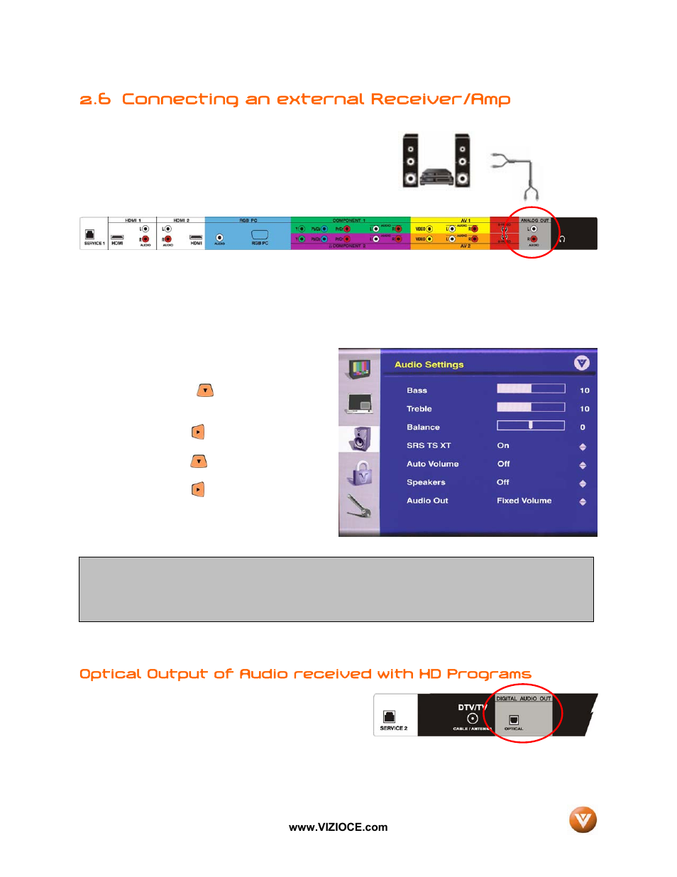 6 connecting an external receiver/amp | Vizio VP50HDTV User Manual | Page 26 / 73