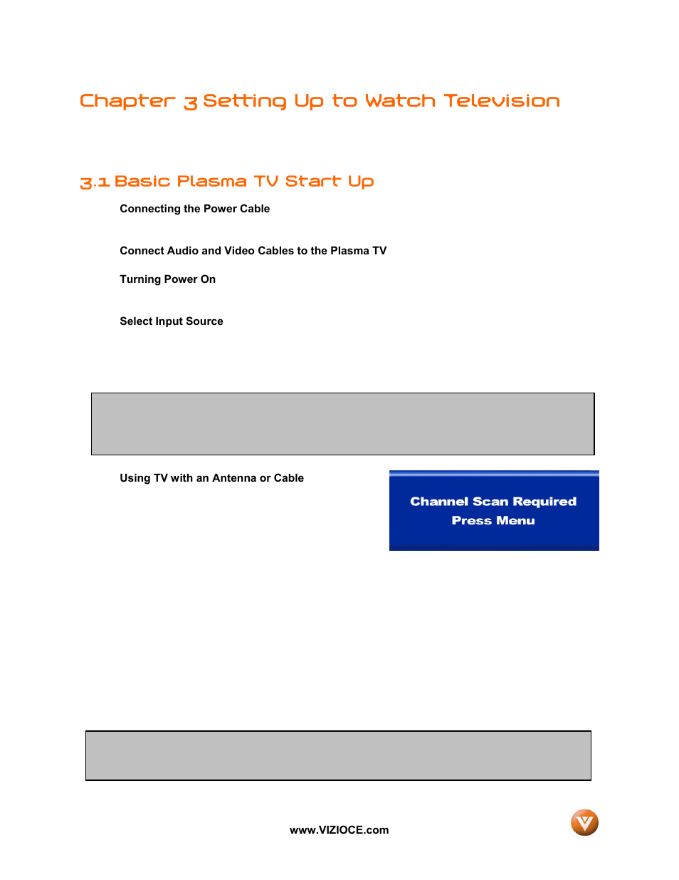 Chapter 3 setting up to watch television, 1 basic plasma tv start up | Vizio VP50HDTV User Manual | Page 28 / 73