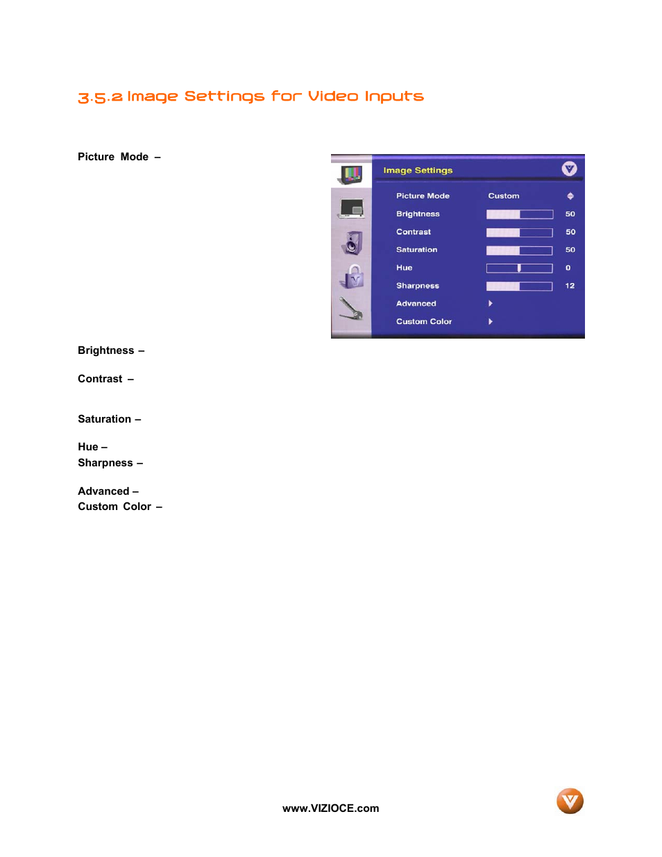 2 image settings for video inputs | Vizio VP50HDTV User Manual | Page 46 / 73