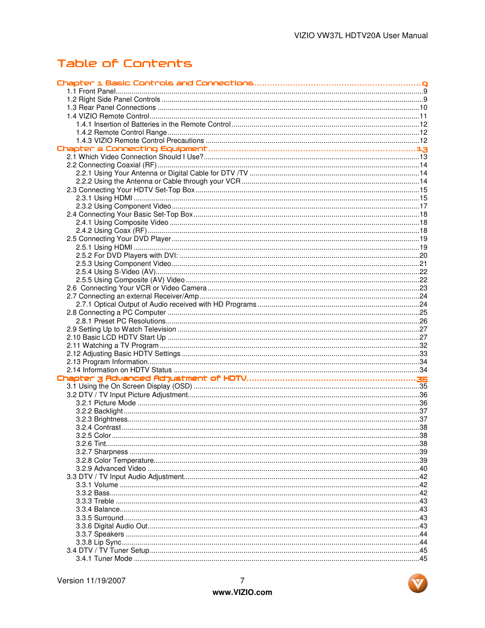 Vizio VW37L HDTV20A User Manual | Page 7 / 70