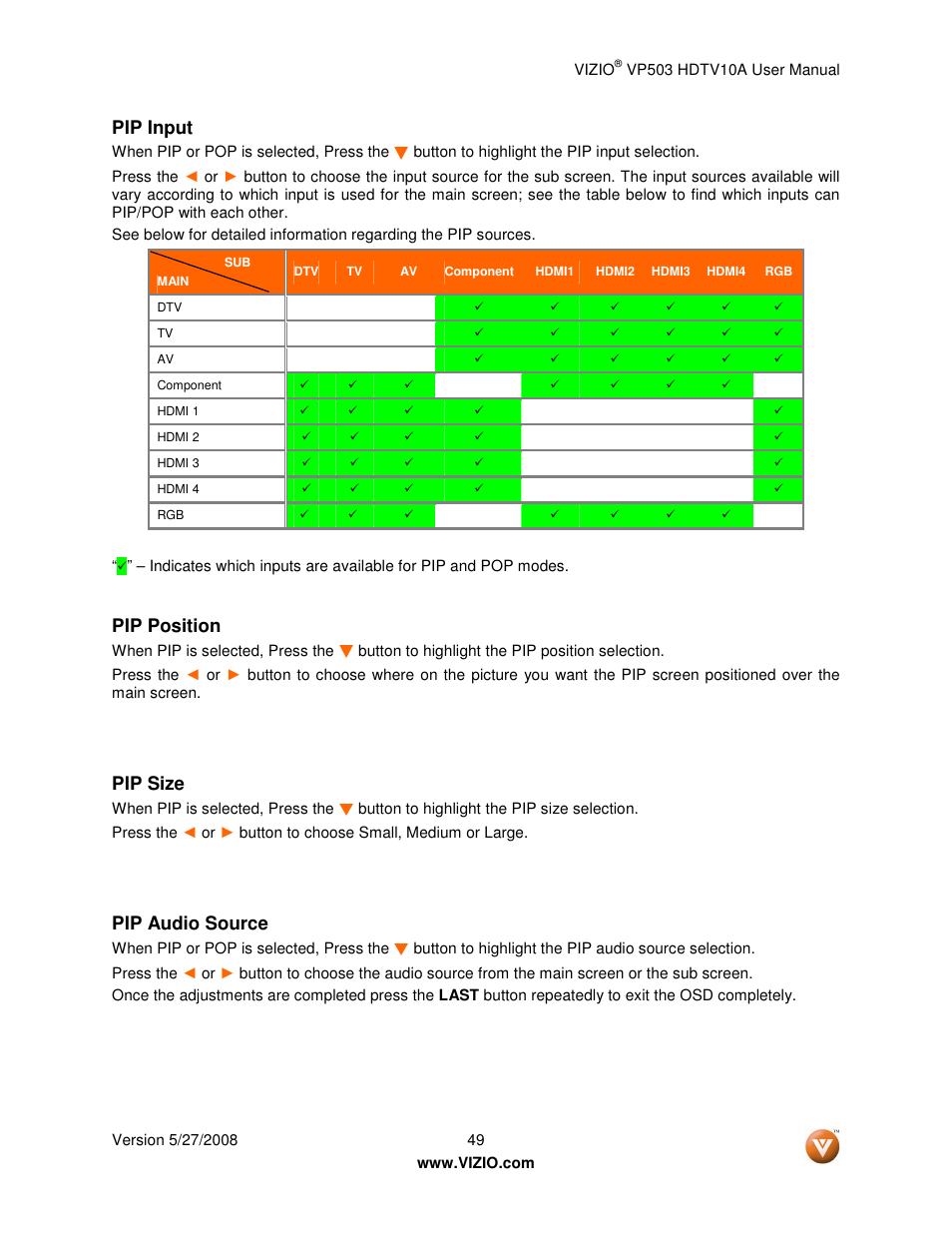 Pip input, Pip position, Pip size | Pip audio source | Vizio VP503 User Manual | Page 49 / 80