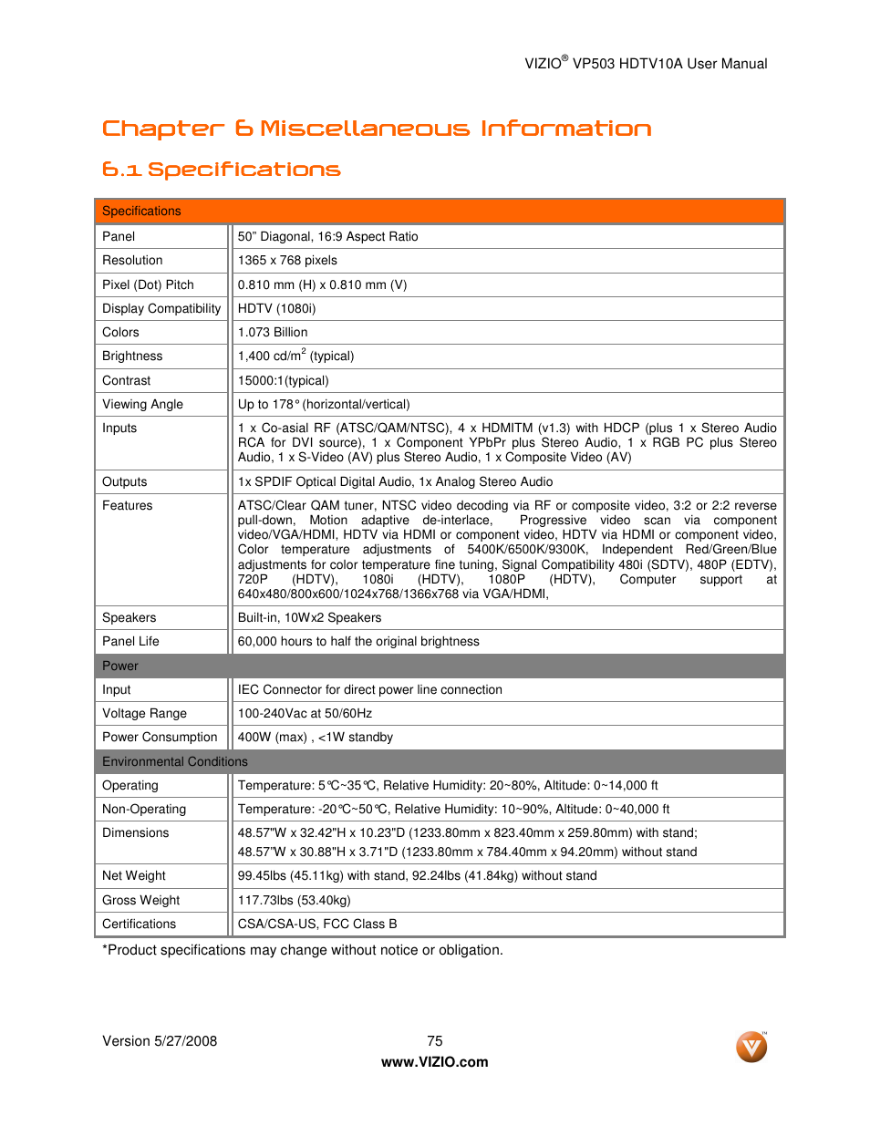 Chapter 6 | Vizio VP503 User Manual | Page 75 / 80