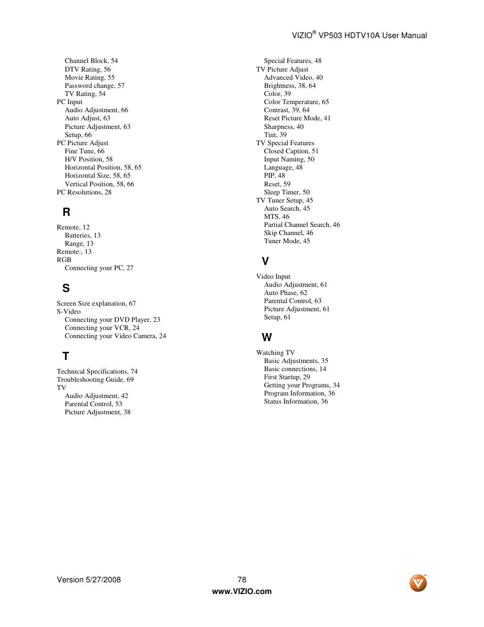 Vizio VP503 User Manual | Page 78 / 80