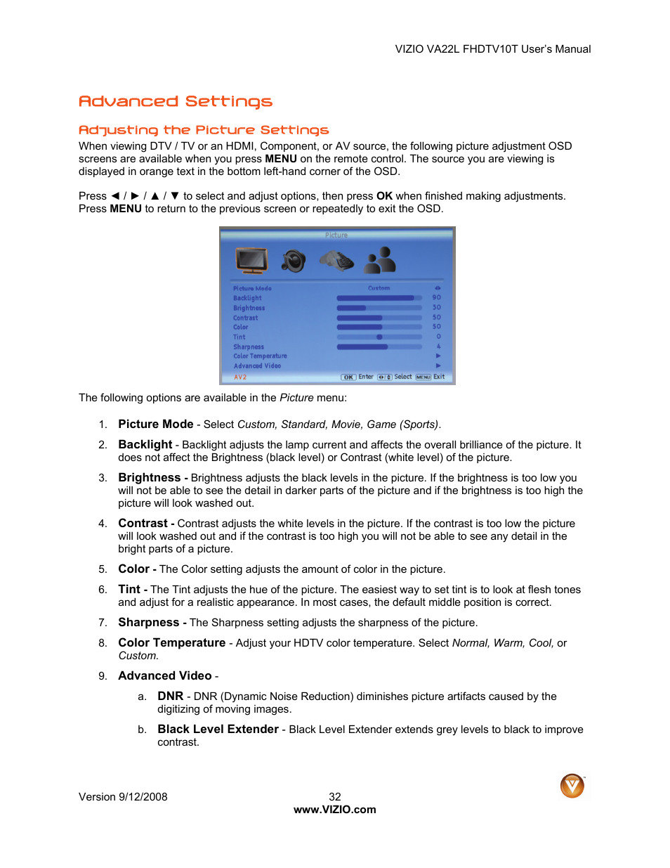 Advanced settings | Vizio VA22LF HDTV10T User Manual | Page 32 / 52