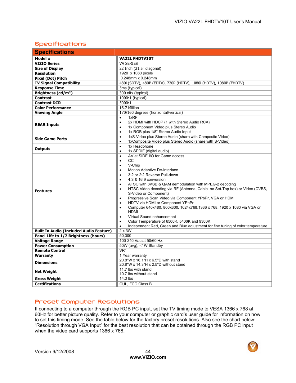 Specifications, Preset computer resolutions | Vizio VA22LF HDTV10T User Manual | Page 44 / 52