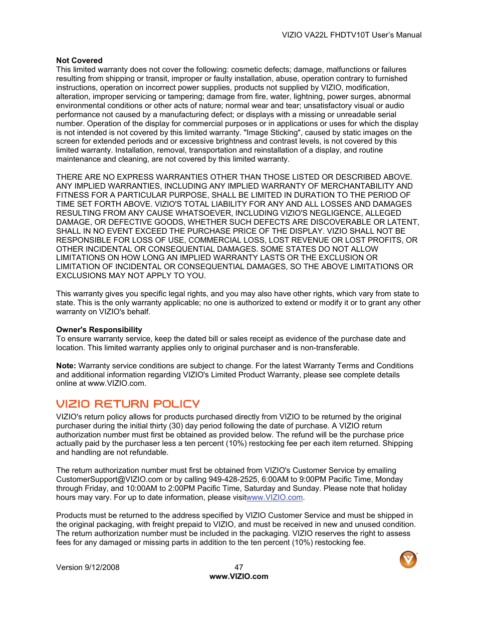 Vizio return policy | Vizio VA22LF HDTV10T User Manual | Page 47 / 52