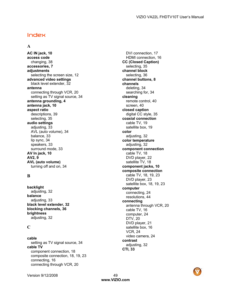 Index | Vizio VA22LF HDTV10T User Manual | Page 49 / 52