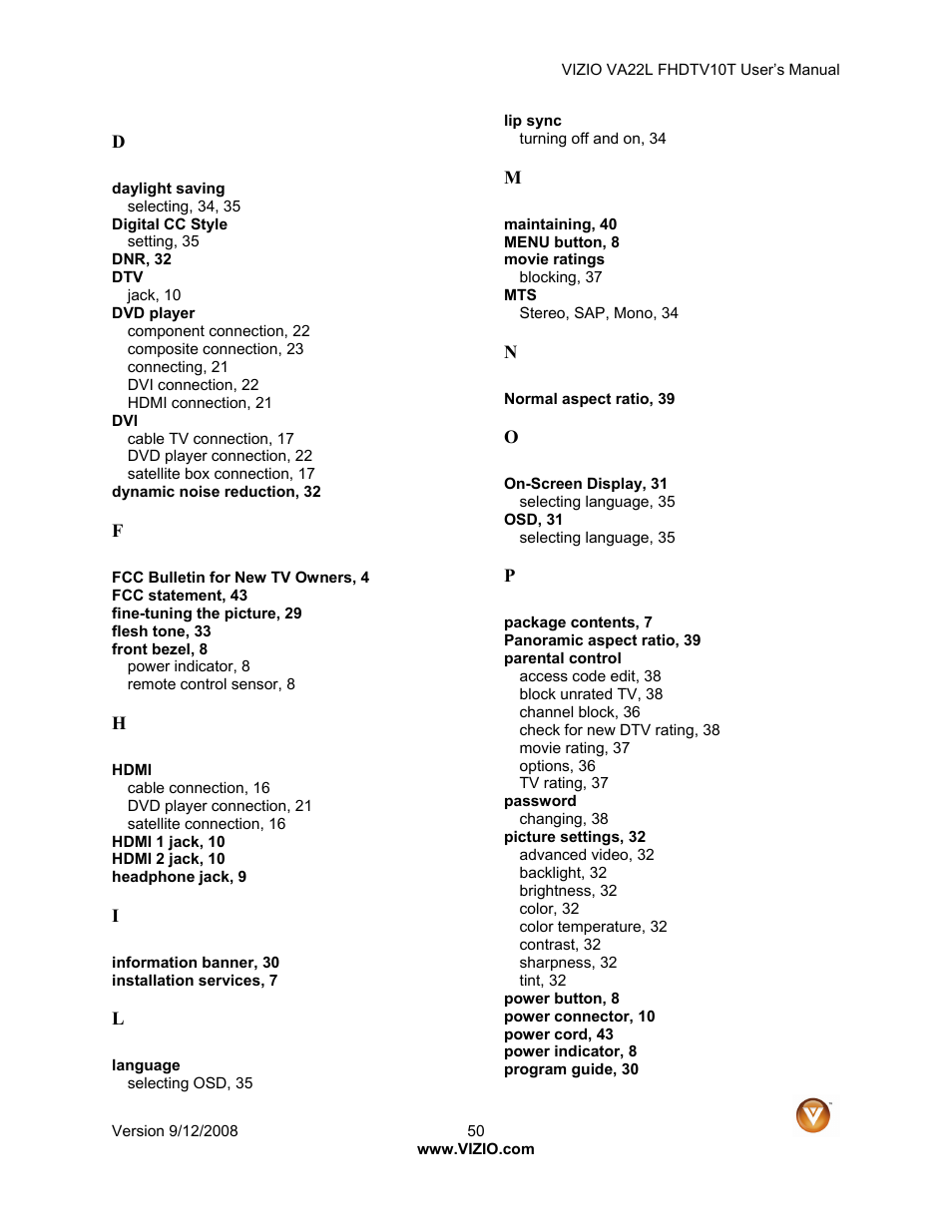 Vizio VA22LF HDTV10T User Manual | Page 50 / 52