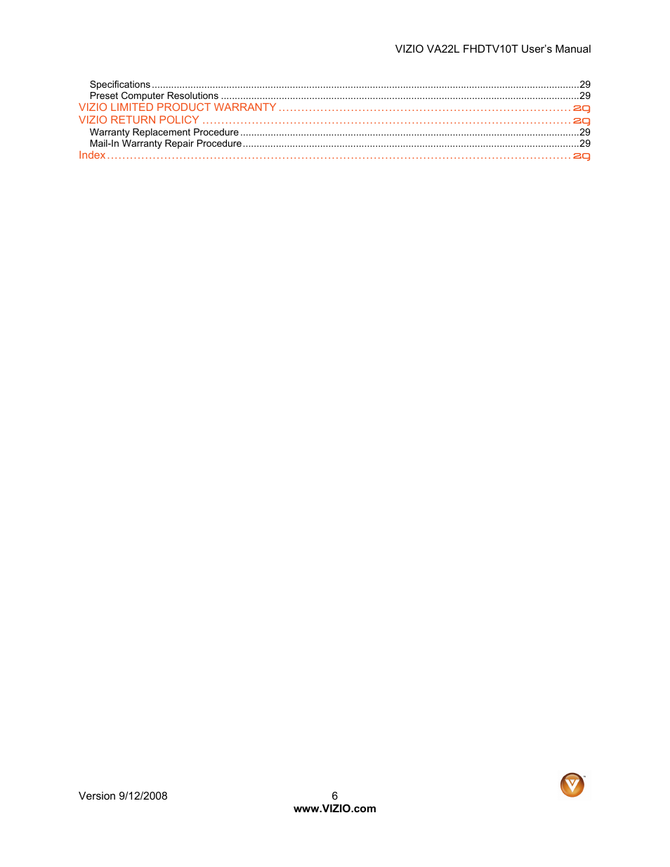 Vizio VA22LF HDTV10T User Manual | Page 6 / 52