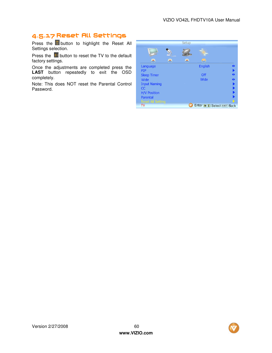Vizio VO42LFHDTV10A User Manual | Page 60 / 77
