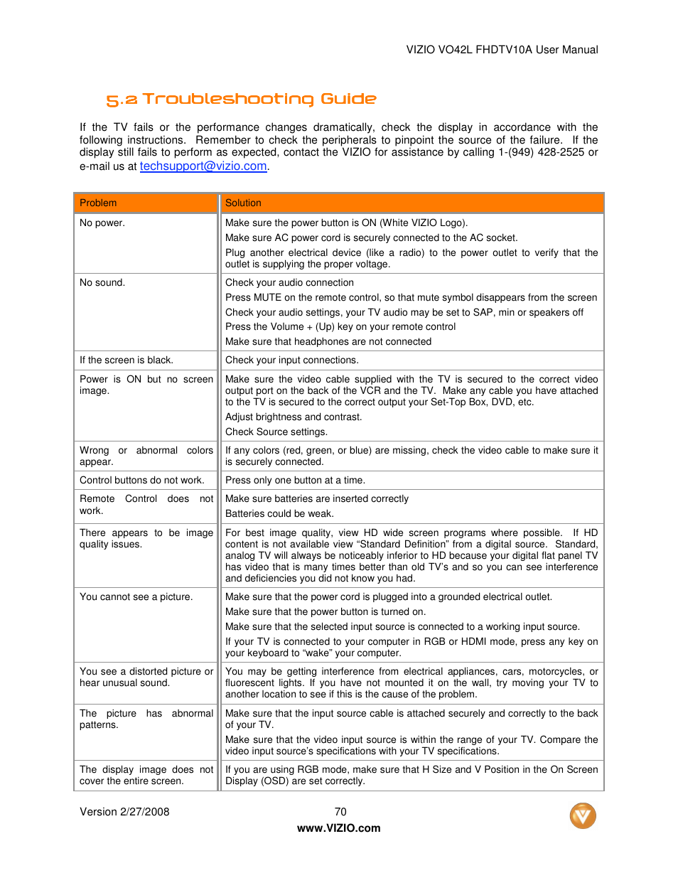 Vizio VO42LFHDTV10A User Manual | Page 70 / 77