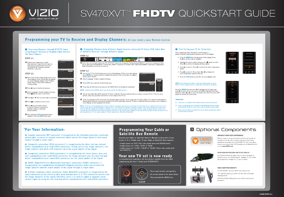 Sv470x\at, Quickstart guide, Step 1.1 | Step 1.2, Step 2.2, For your information, Programming your cable or satellite box remote, Your new tv set is now ready, Optional components, Vyizio | Vizio SV470XVT User Manual | Page 2 / 2