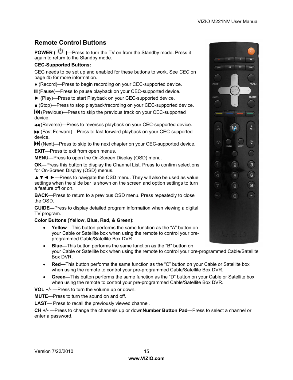 Remote control buttons | Vizio M221NV User Manual | Page 15 / 60