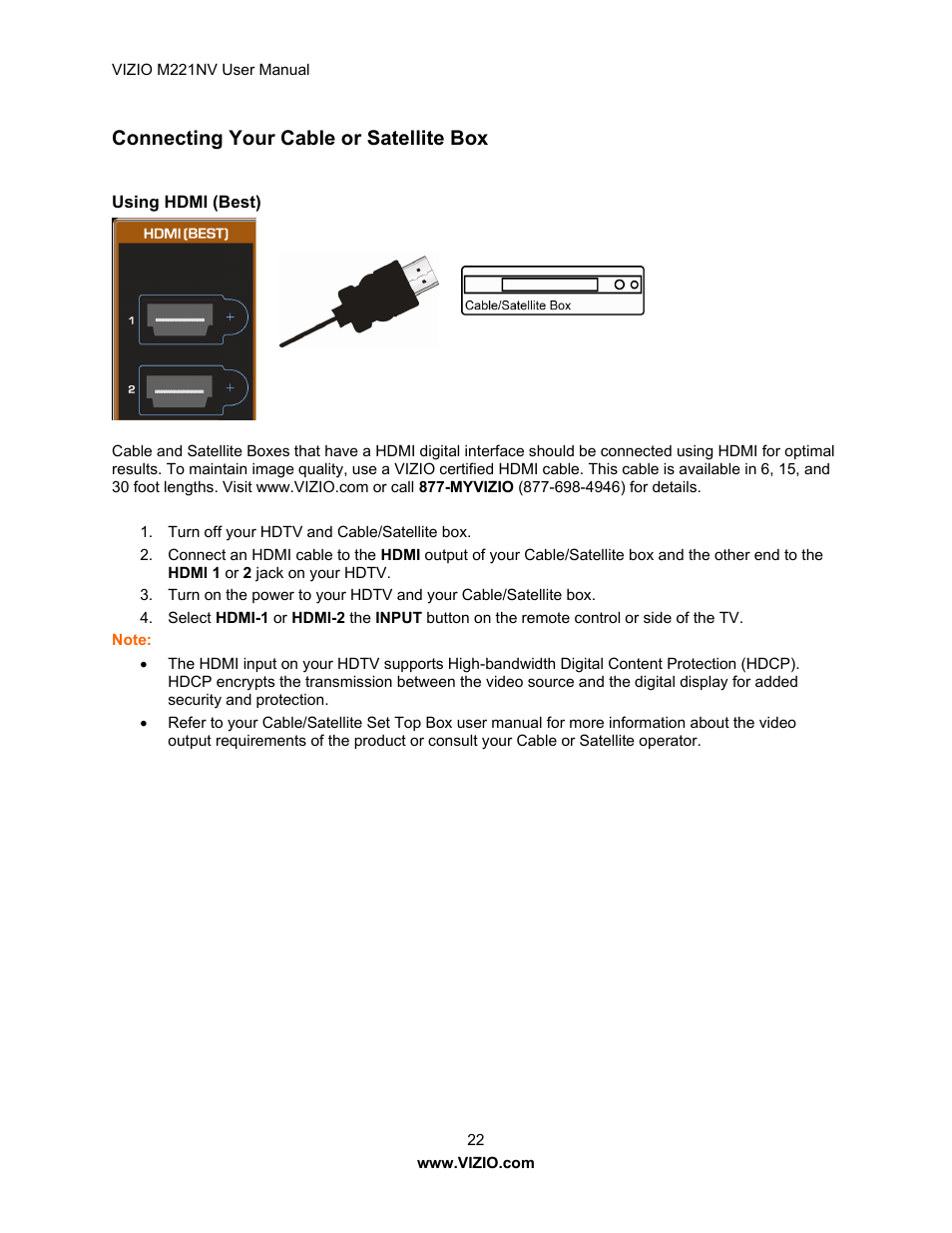 Connecting your cable or satellite box | Vizio M221NV User Manual | Page 22 / 60