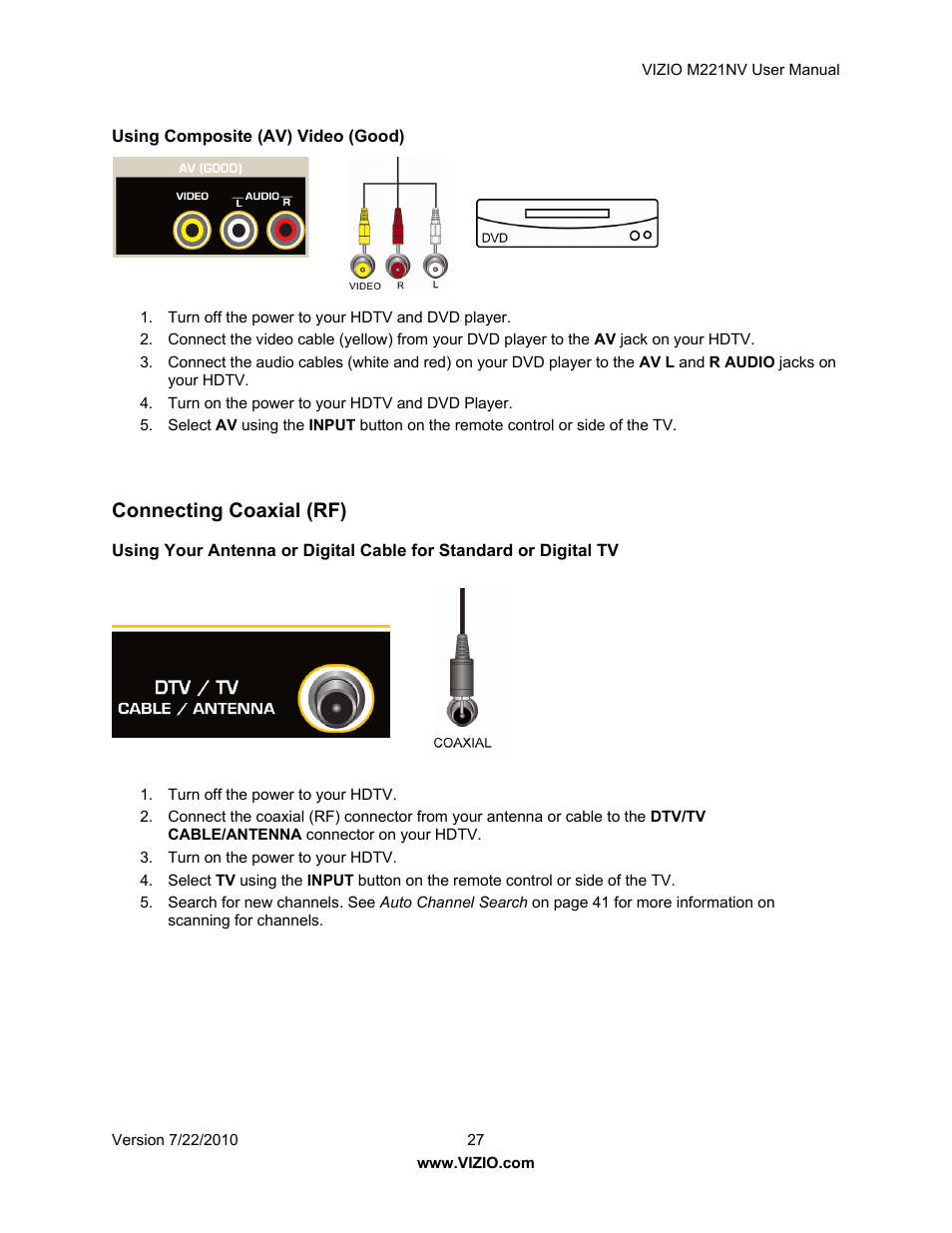 Connecting coaxial (rf) | Vizio M221NV User Manual | Page 27 / 60