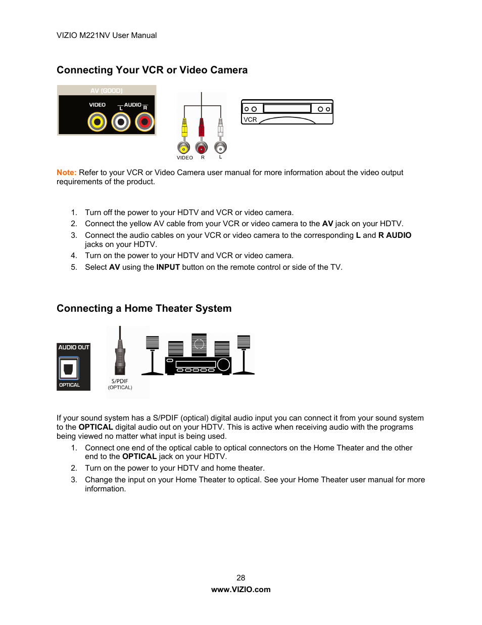 Connecting your vcr or video camera, Connecting a home theater system | Vizio M221NV User Manual | Page 28 / 60