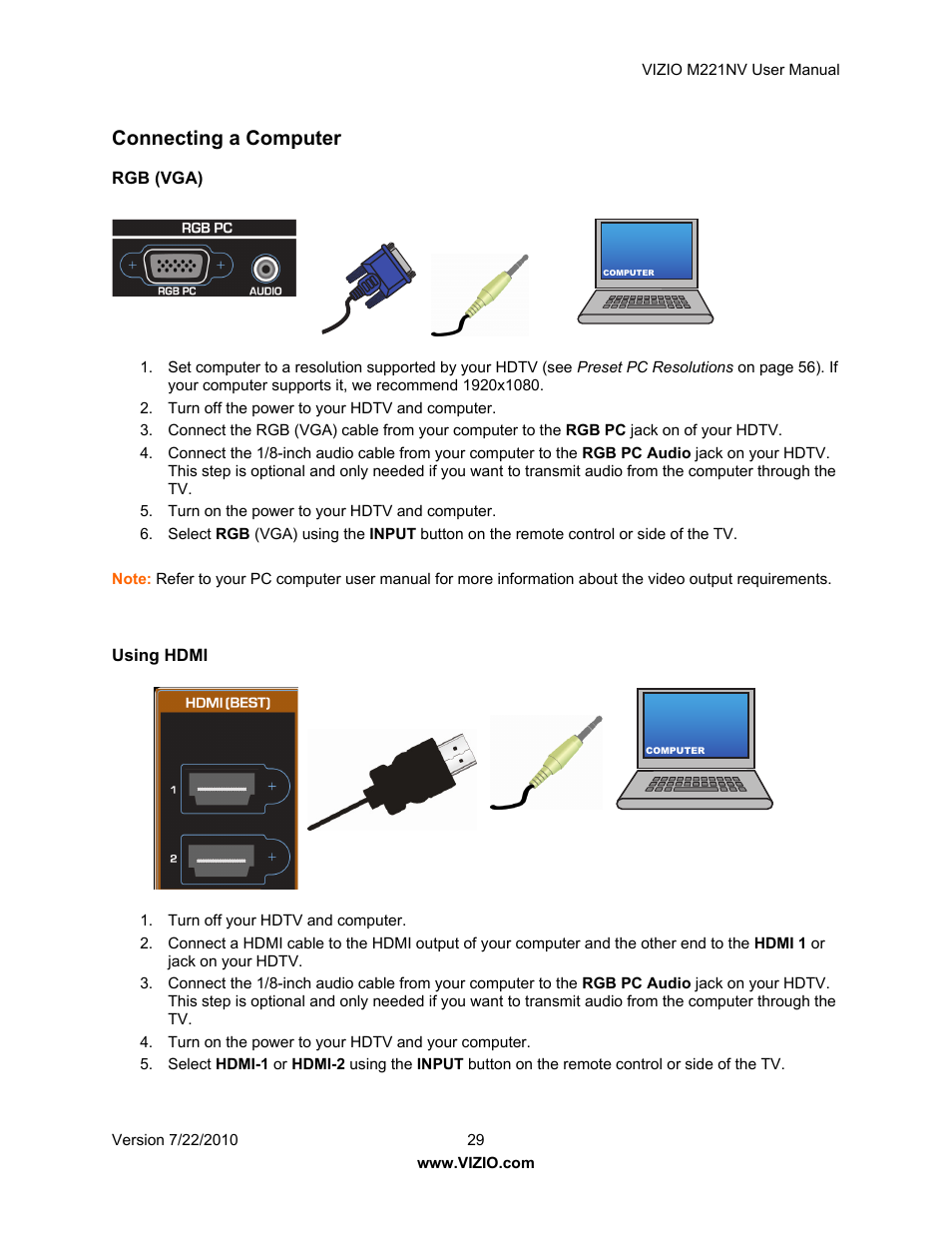 Connecting a computer | Vizio M221NV User Manual | Page 29 / 60