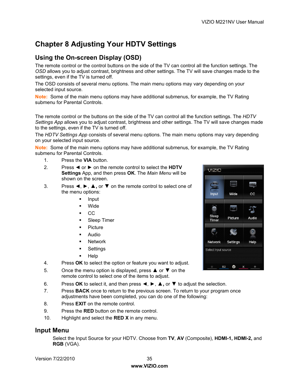 Chapter 8 adjusting your hdtv settings, Using the on-screen display (osd), Input menu | Vizio M221NV User Manual | Page 35 / 60