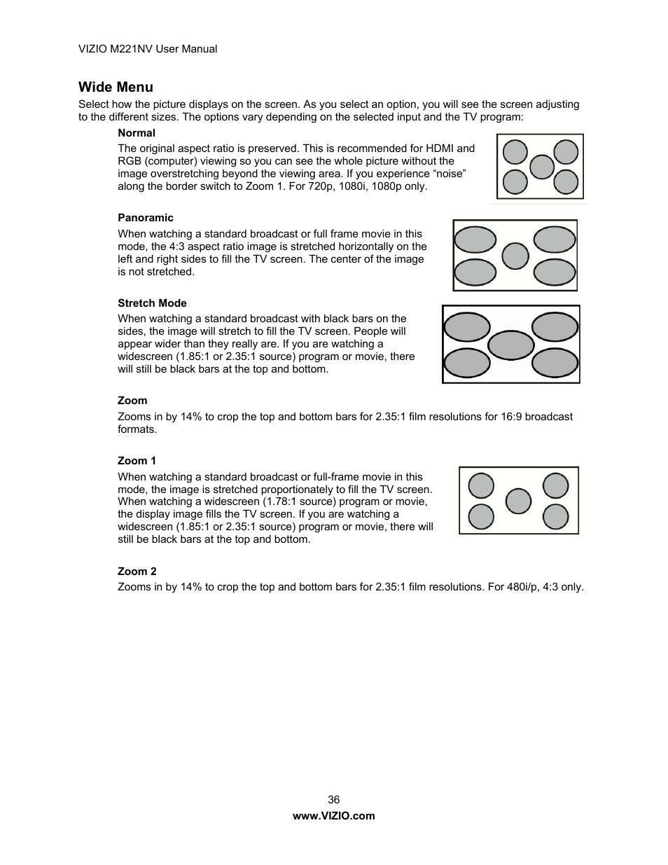 Wide menu | Vizio M221NV User Manual | Page 36 / 60