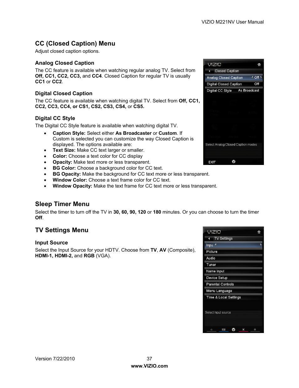 Cc (closed caption) menu, Sleep timer menu, Tv settings menu | Vizio M221NV User Manual | Page 37 / 60