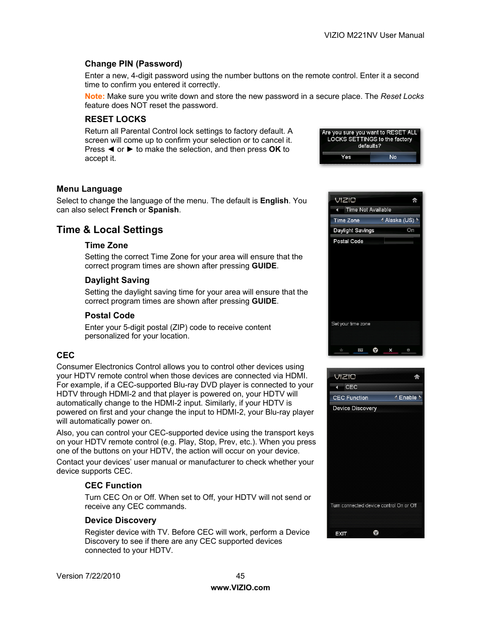 Time & local settings | Vizio M221NV User Manual | Page 45 / 60