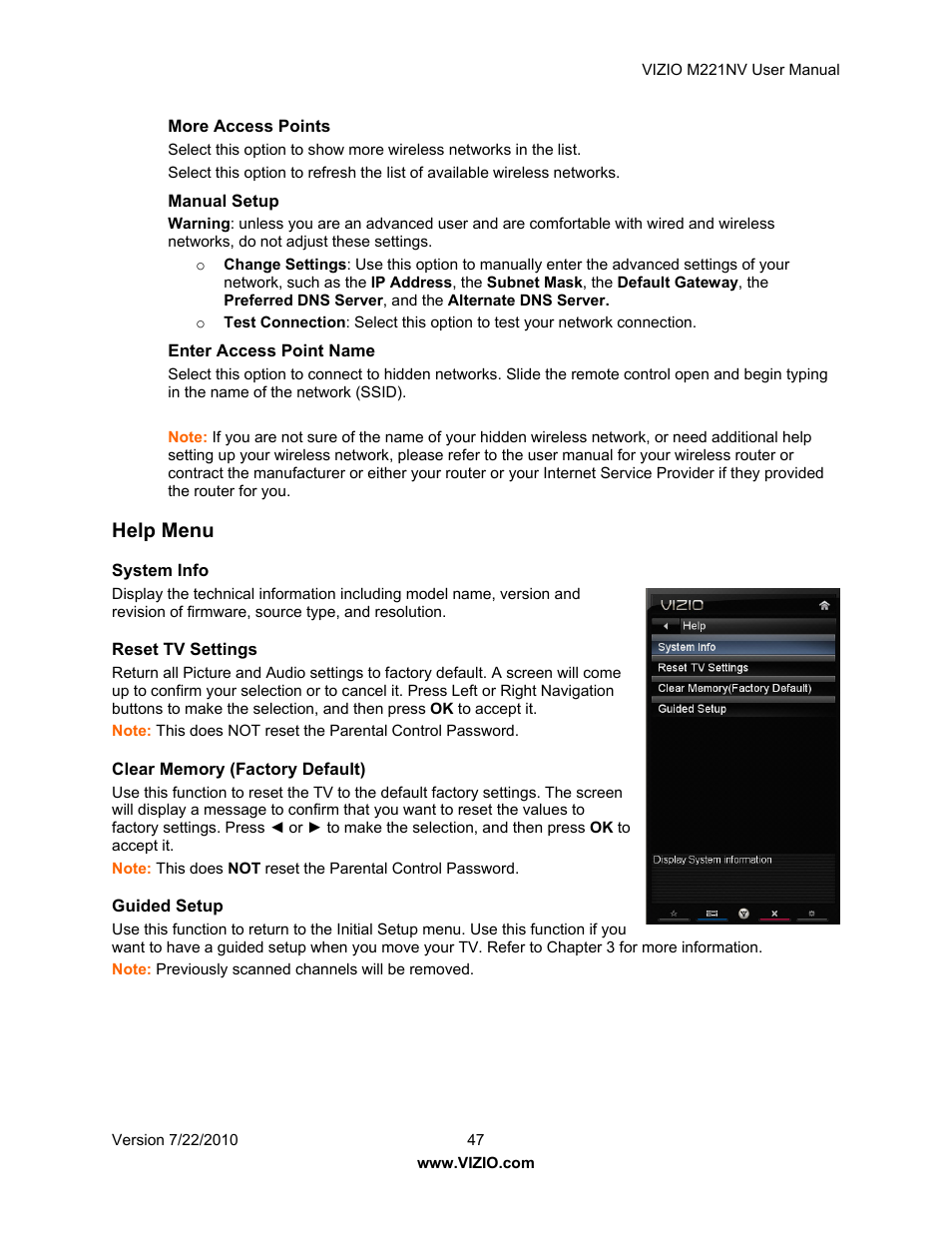 Help menu | Vizio M221NV User Manual | Page 47 / 60