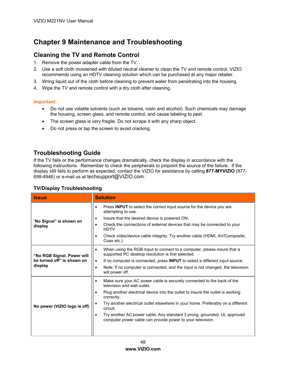 Chapter 9 maintenance and troubleshooting, Cleaning the tv and remote control, Troubleshooting guide | Vizio M221NV User Manual | Page 48 / 60