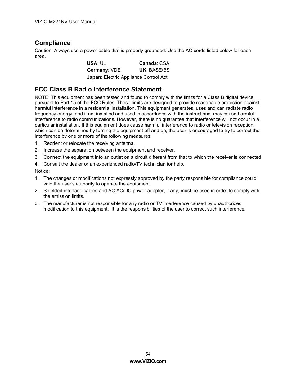 Compliance, Fcc class b radio interference statement | Vizio M221NV User Manual | Page 54 / 60