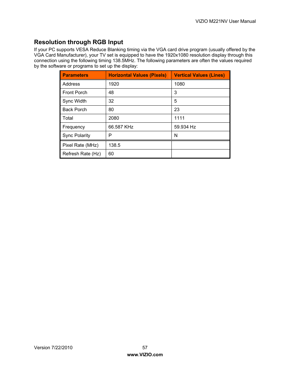 Resolution through rgb input | Vizio M221NV User Manual | Page 57 / 60