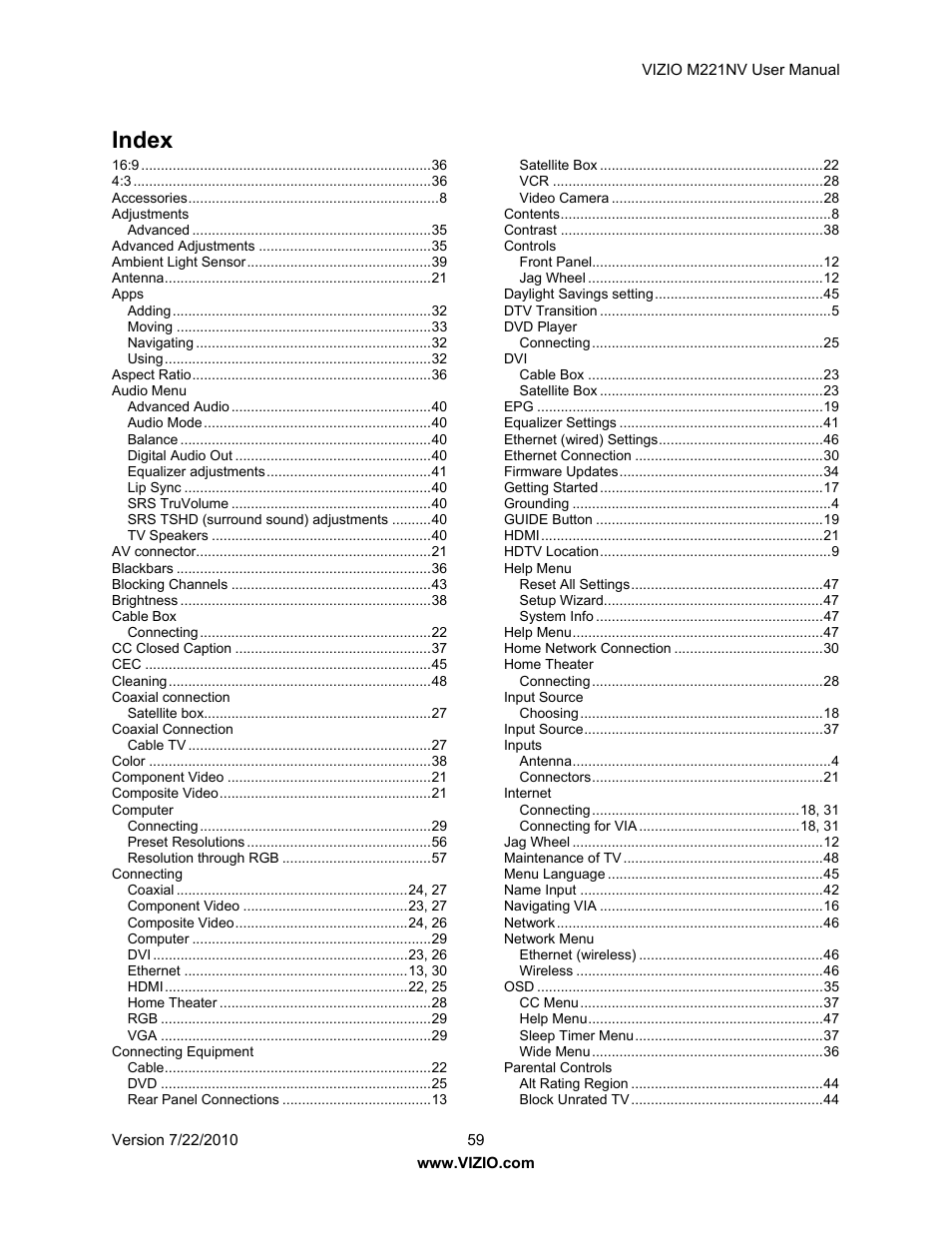 Index | Vizio M221NV User Manual | Page 59 / 60