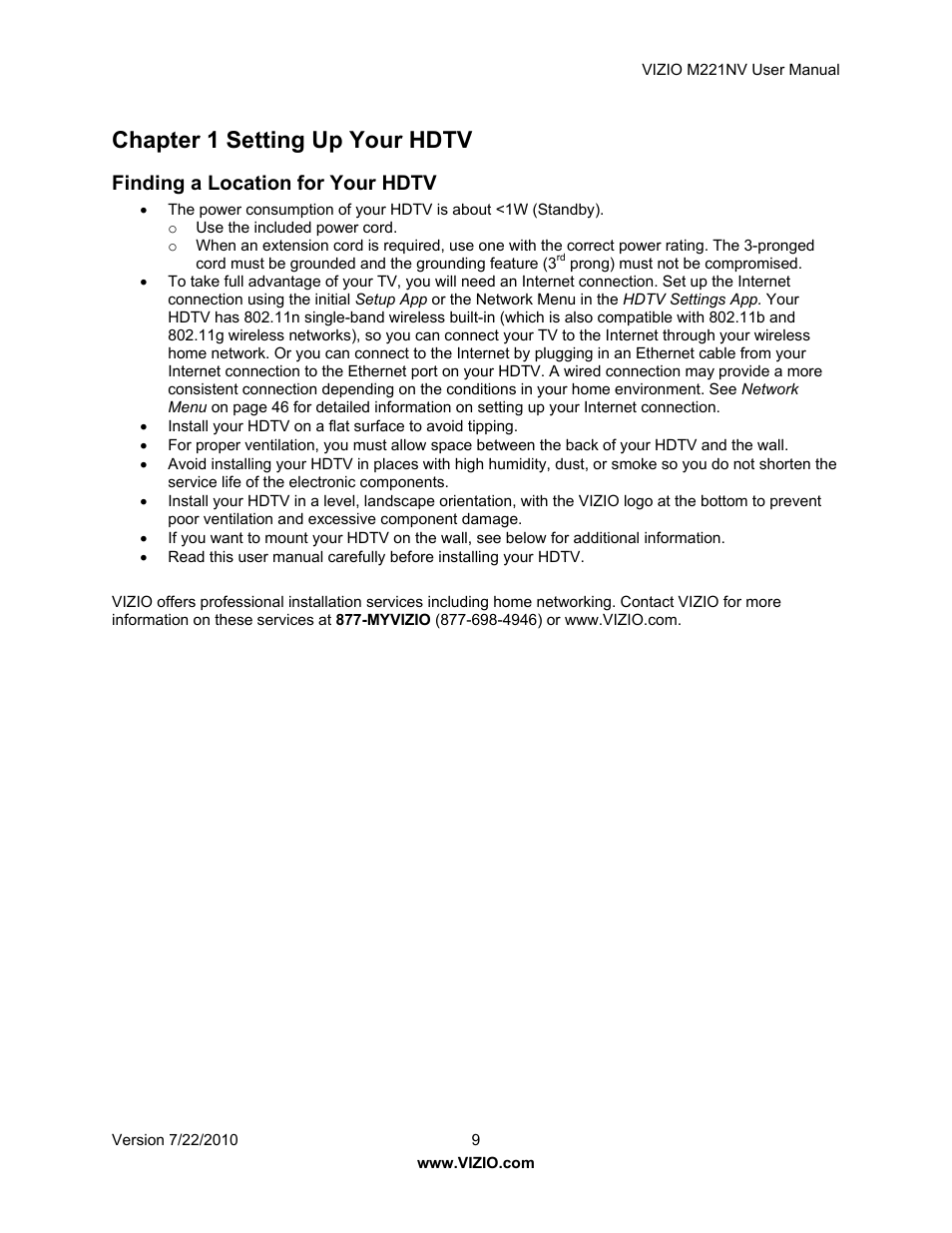 Chapter 1 setting up your hdtv, Finding a location for your hdtv | Vizio M221NV User Manual | Page 9 / 60