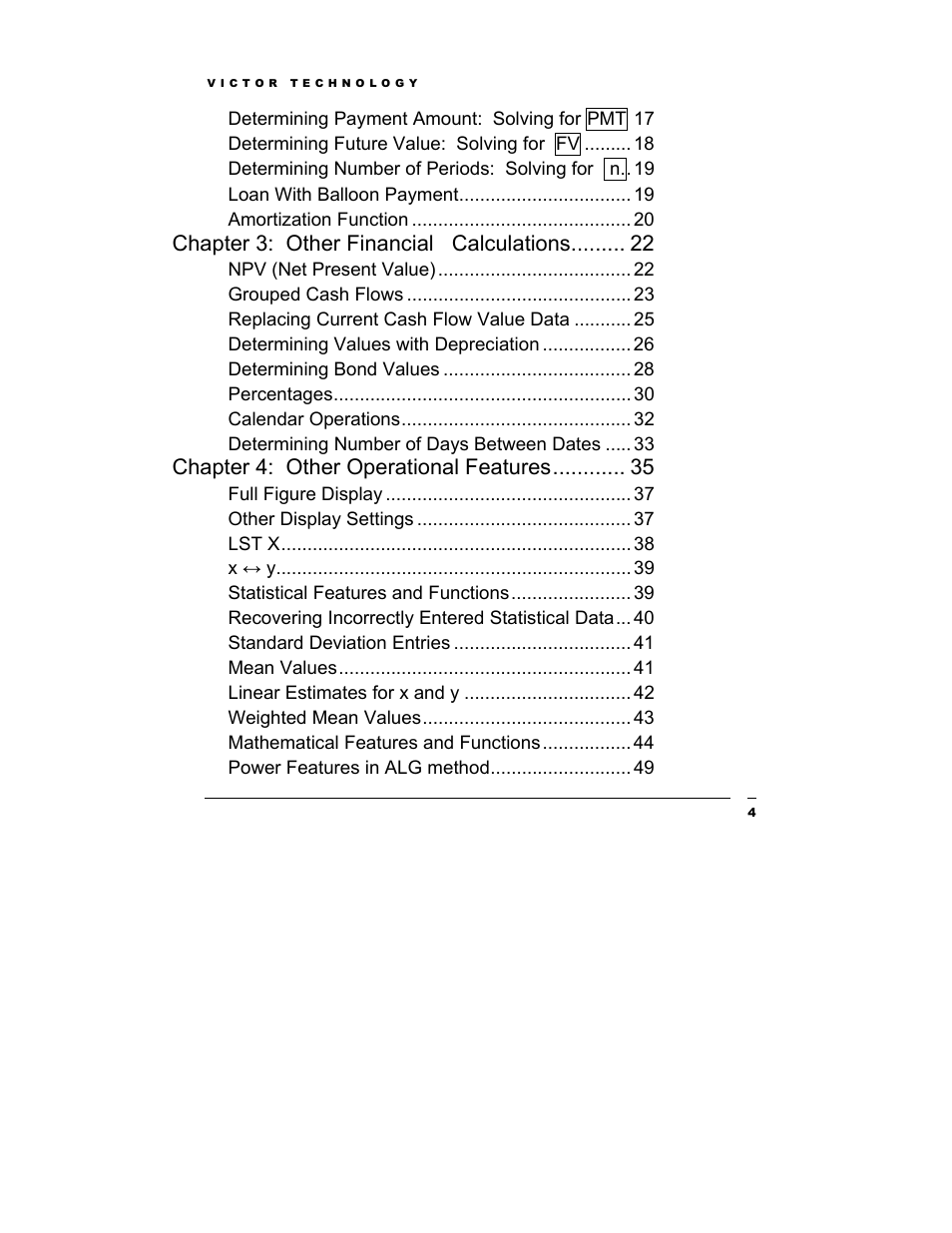 Chapter 3: other financial calculations, Chapter 4: other operational features | Victor Technology V12 User Manual | Page 4 / 73