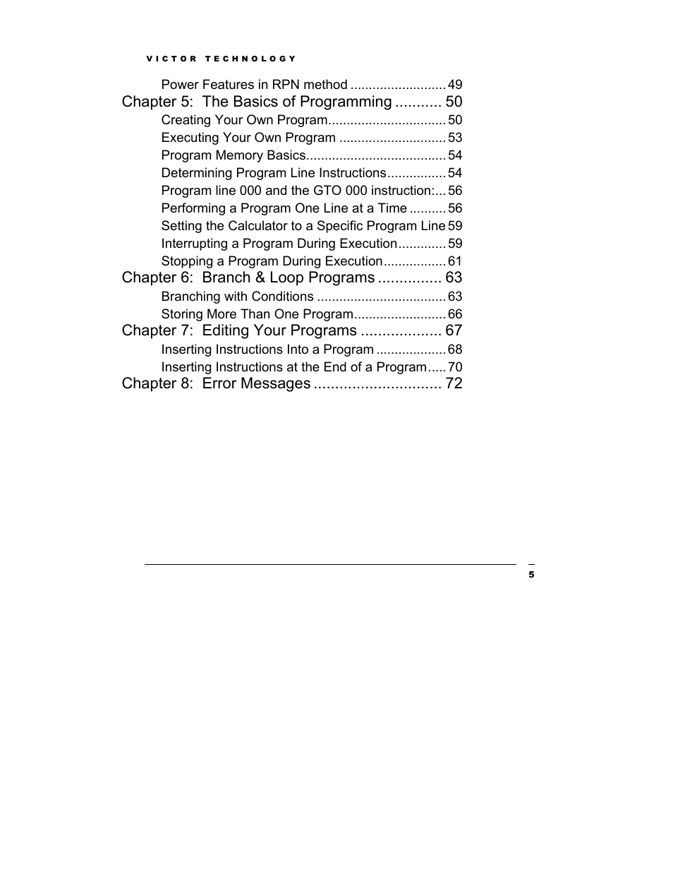Chapter 5: the basics of programming, Chapter 6: branch & loop programs, Chapter 7: editing your programs | Chapter 8: error messages | Victor Technology V12 User Manual | Page 5 / 73