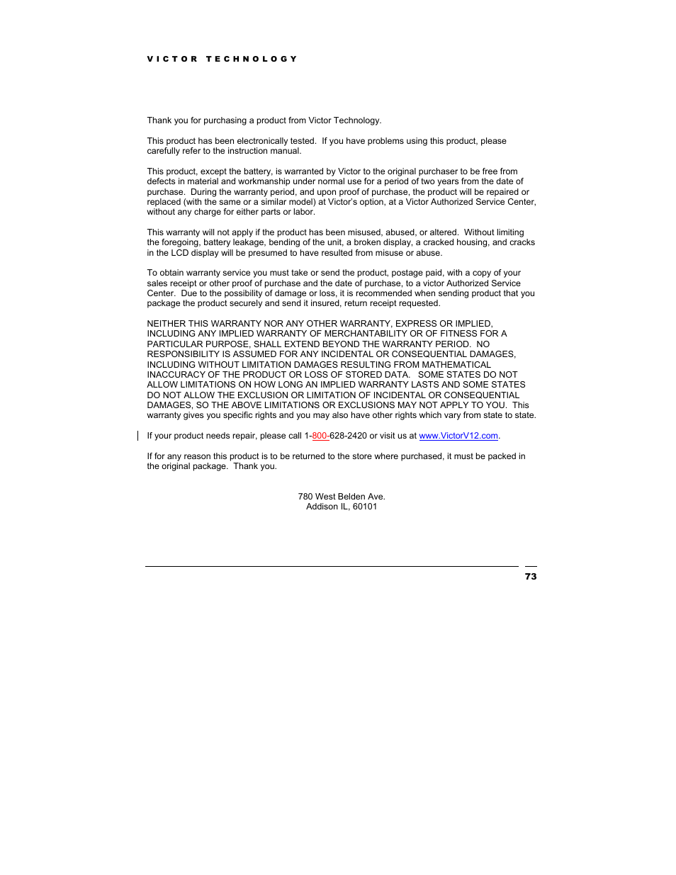 Victor Technology V12 User Manual | Page 73 / 73